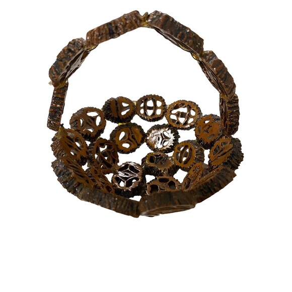 Sliced Black Walnut Basket w/Handle Folk Art Mini Small Hand Made Shell Nut - Picture 3 of 12